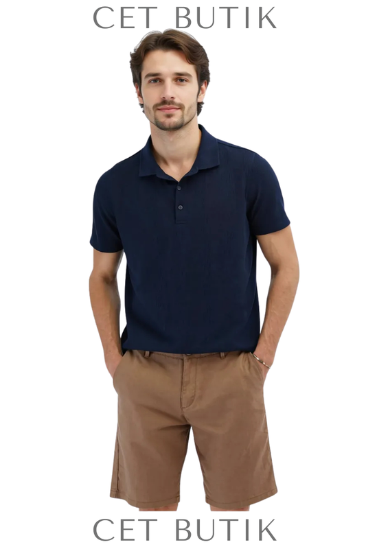 Kip Lacivert Desenli Polo Yaka T-Shirt – Modern Desenli Yazlık Stil