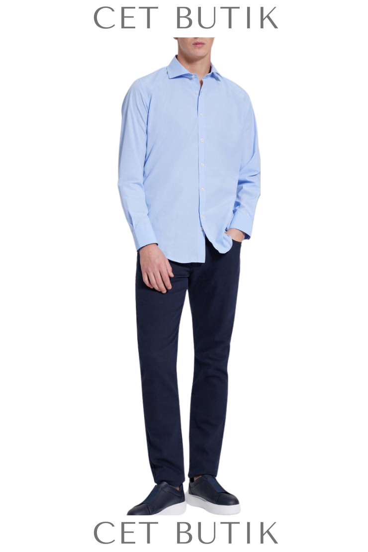 D’S Damat Slim Fit Mavi İtalyan Yaka Gömlek