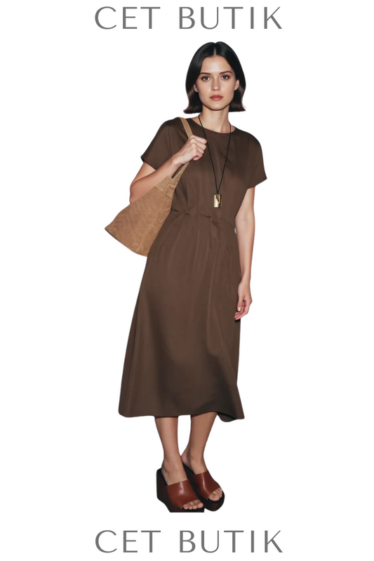 Zara ZW Collection Pleated Midi Dress Siyah Pamuk Keten Pileli Midi Elbise