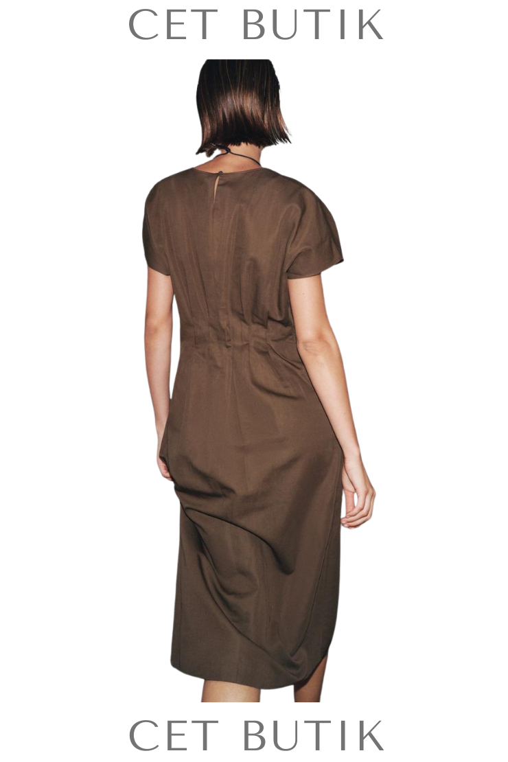 Zara ZW Collection Pleated Midi Dress Siyah Pamuk Keten Pileli Midi Elbise