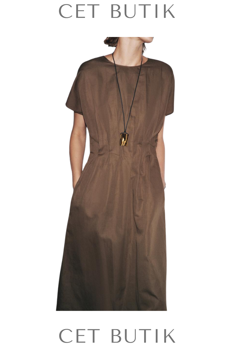 Zara ZW Collection Pleated Midi Dress Siyah Pamuk Keten Pileli Midi Elbise