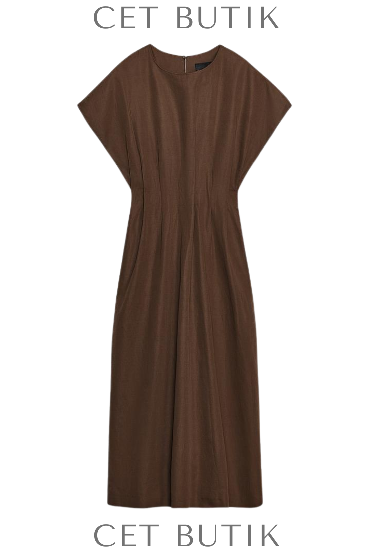 Zara ZW Collection Pleated Midi Dress Siyah Pamuk Keten Pileli Midi Elbise