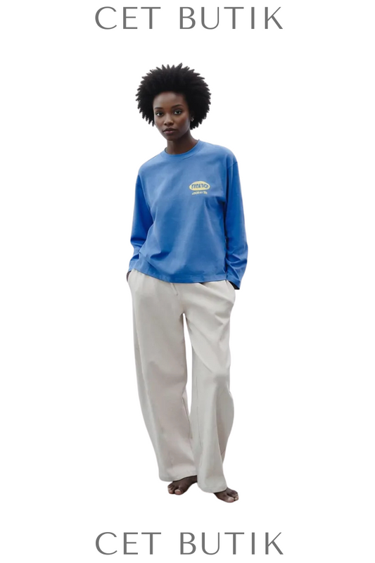 Zara Long Sleeve T-Shirt with Slogan Electric Blue Pamuklu Uzun Kollu Tişört