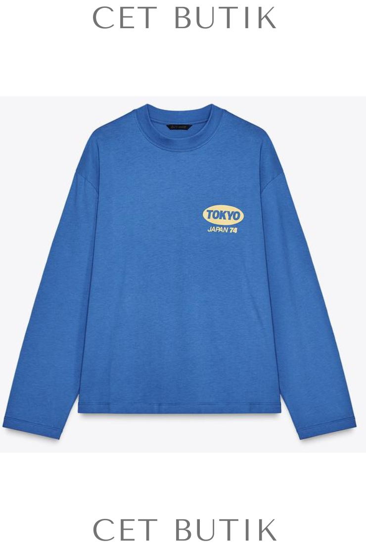 Zara Long Sleeve T-Shirt with Slogan Electric Blue Pamuklu Uzun Kollu Tişört