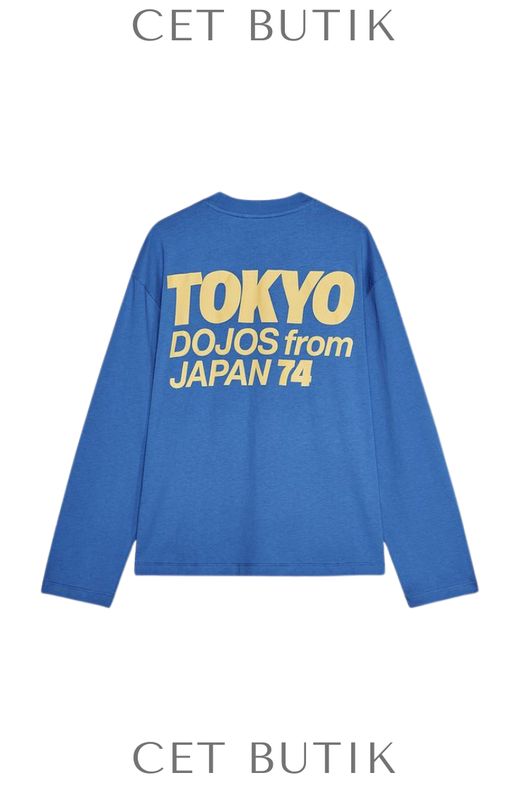 Zara Long Sleeve T-Shirt with Slogan Electric Blue Pamuklu Uzun Kollu Tişört