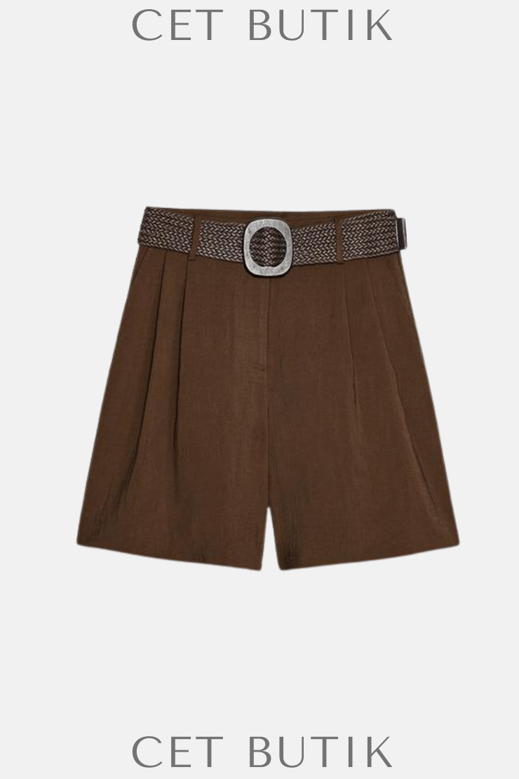 Zara Kadın Kemerli Pensli Bermuda - Kahverengi