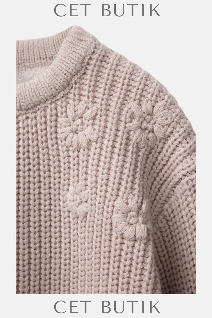 Zara Çiçek Nakışlı Triko Kazak – Açık Bej | Light Beige