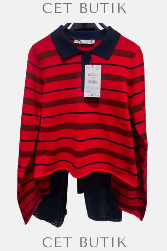 Zara Kadın Kırmızı Çizgili Polo Yaka Striped Knit Polo Sweater