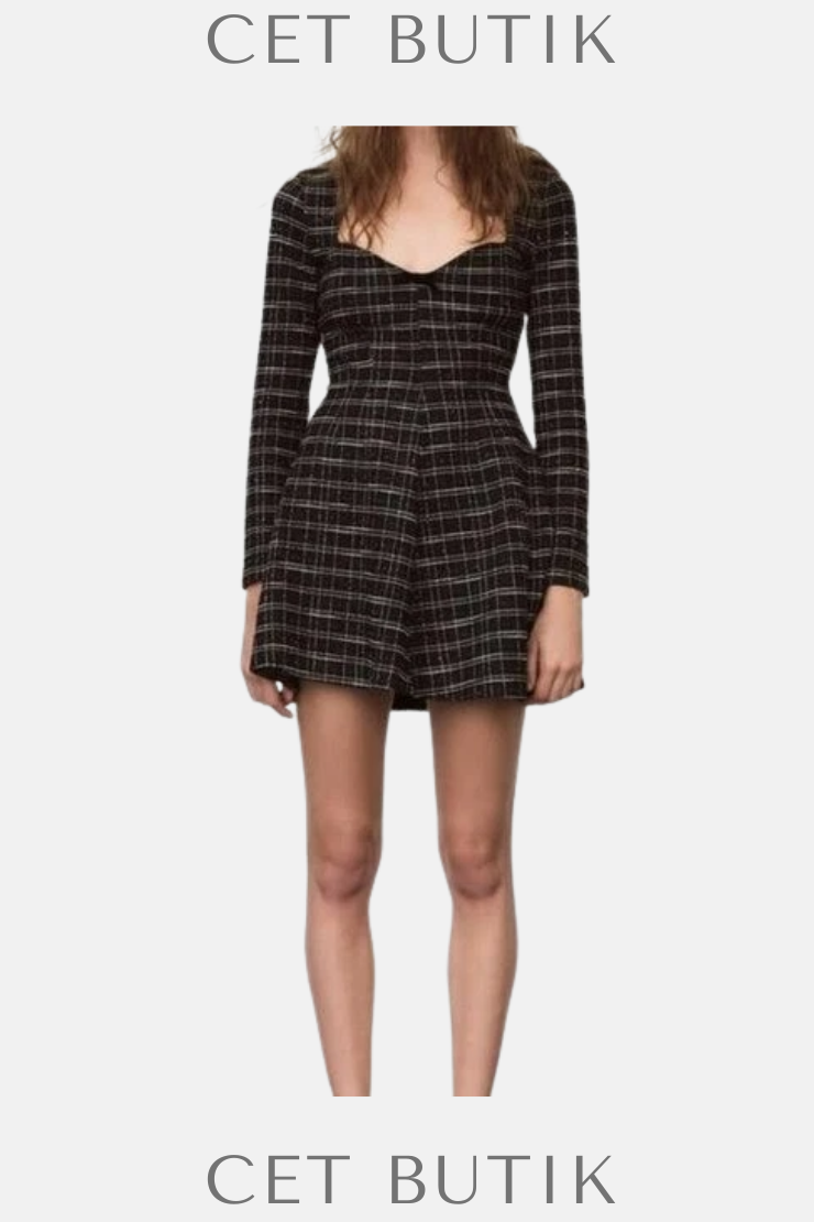 Zara Kadın Plaid Skater Dress Kareli Desenli Uzun Kollu Elbise