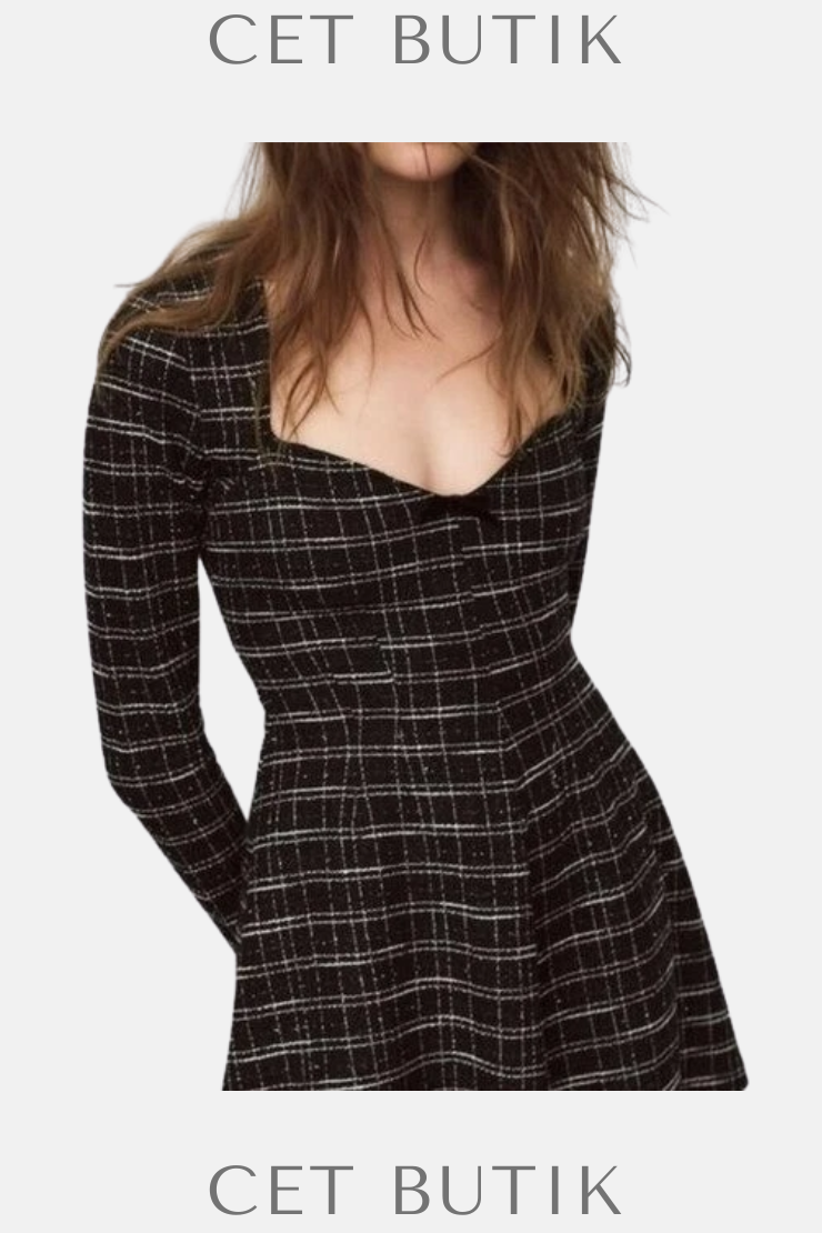 Zara Kadın Plaid Skater Dress Kareli Desenli Uzun Kollu Elbise