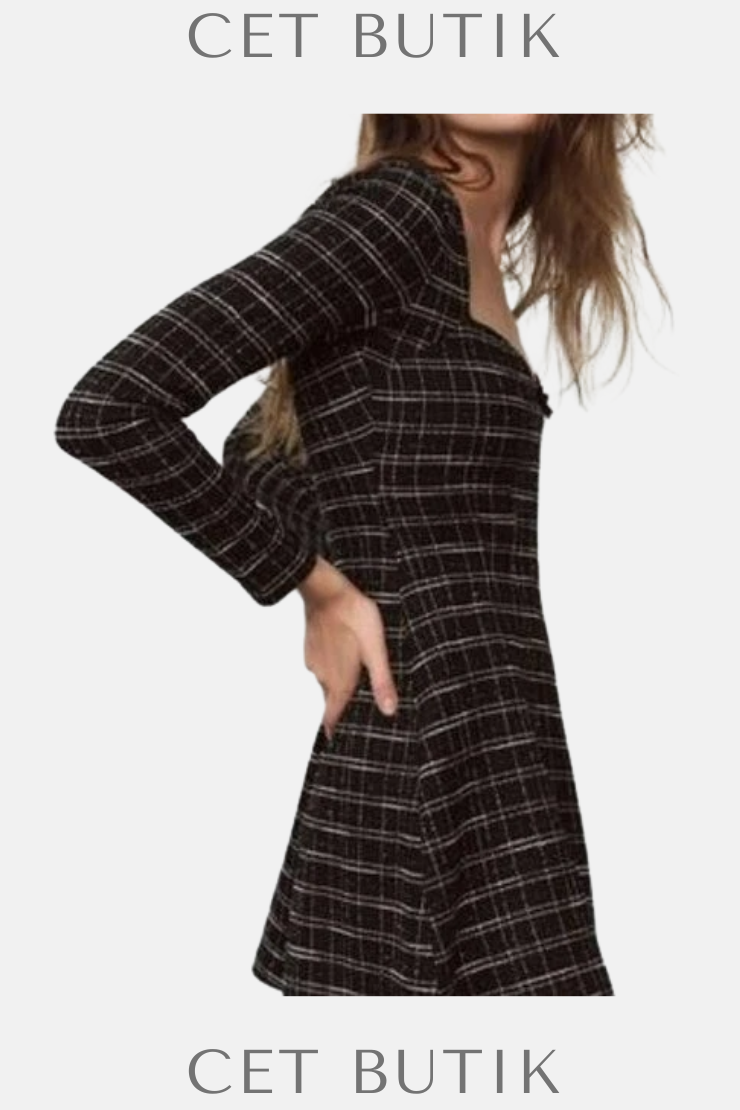 Zara Kadın Plaid Skater Dress Kareli Desenli Uzun Kollu Elbise