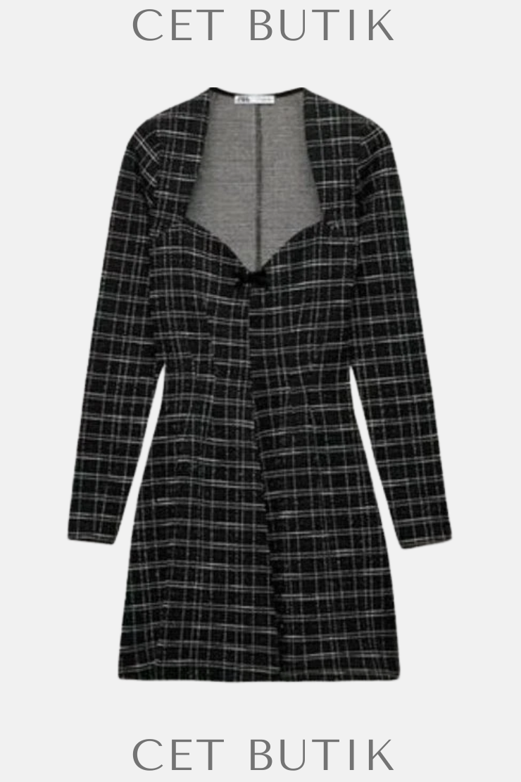 Zara Kadın Plaid Skater Dress Kareli Desenli Uzun Kollu Elbise