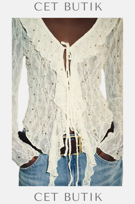 Zara Kadın Studded Lace Top Ecru Dantel Detaylı V-Yaka Uzun Kollu Üst