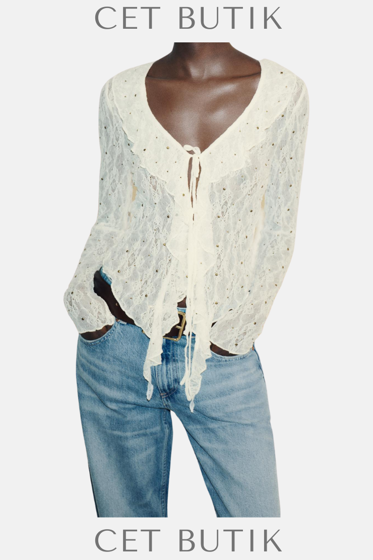Zara Kadın Studded Lace Top Ecru Dantel Detaylı V-Yaka Uzun Kollu Üst