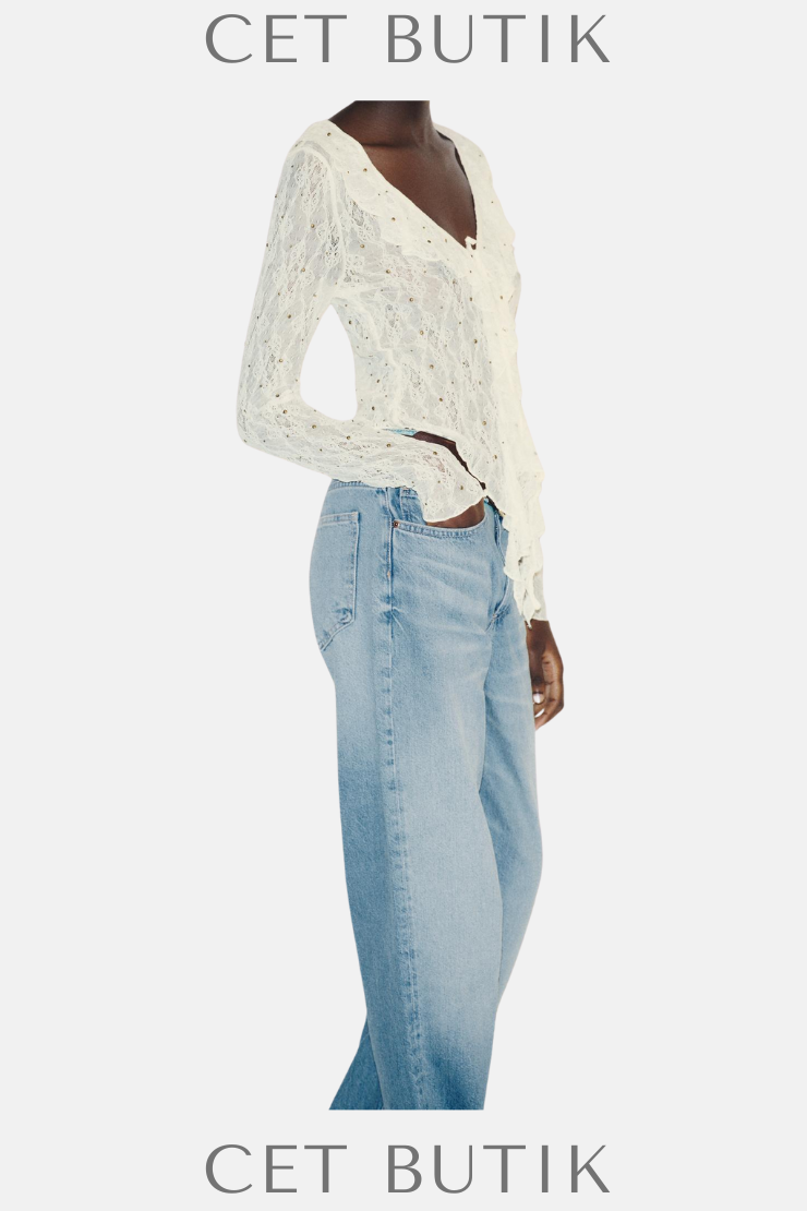 Zara Kadın Studded Lace Top Ecru Dantel Detaylı V-Yaka Uzun Kollu Üst