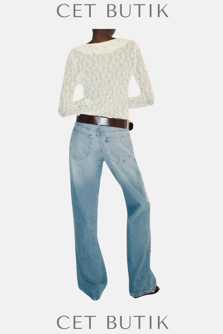 Zara Kadın Studded Lace Top Ecru Dantel Detaylı V-Yaka Uzun Kollu Üst