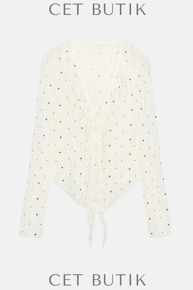 Zara Kadın Studded Lace Top Ecru Dantel Detaylı V-Yaka Uzun Kollu Üst