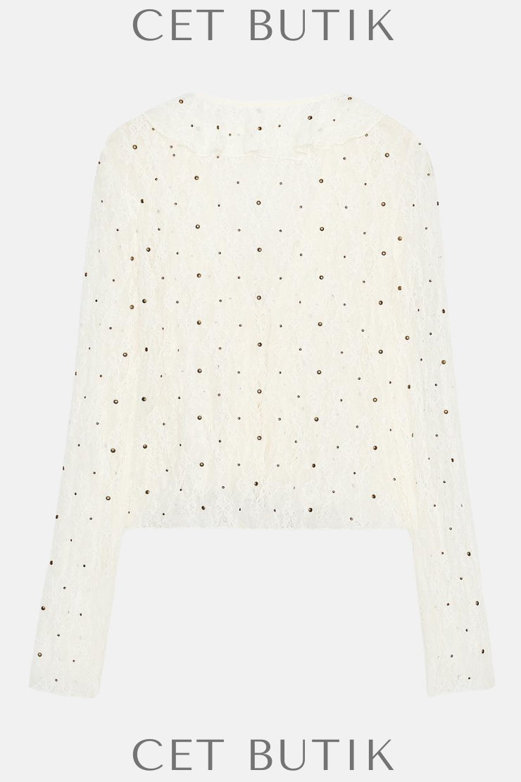Zara Kadın Studded Lace Top Ecru Dantel Detaylı V-Yaka Uzun Kollu Üst