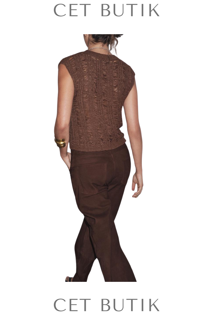 Zara Kadın Ribbed Knit Top Kahverengi Kolsuz Triko Üst