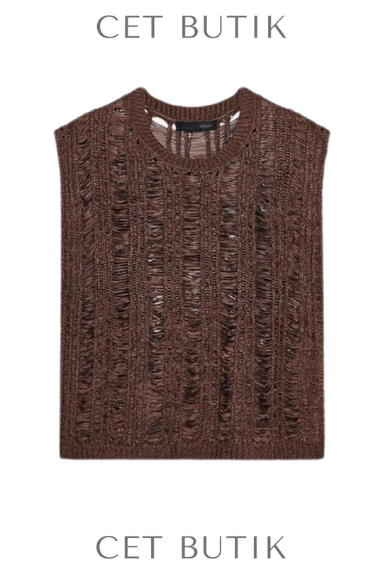 Zara Kadın Ribbed Knit Top Kahverengi Kolsuz Triko Üst