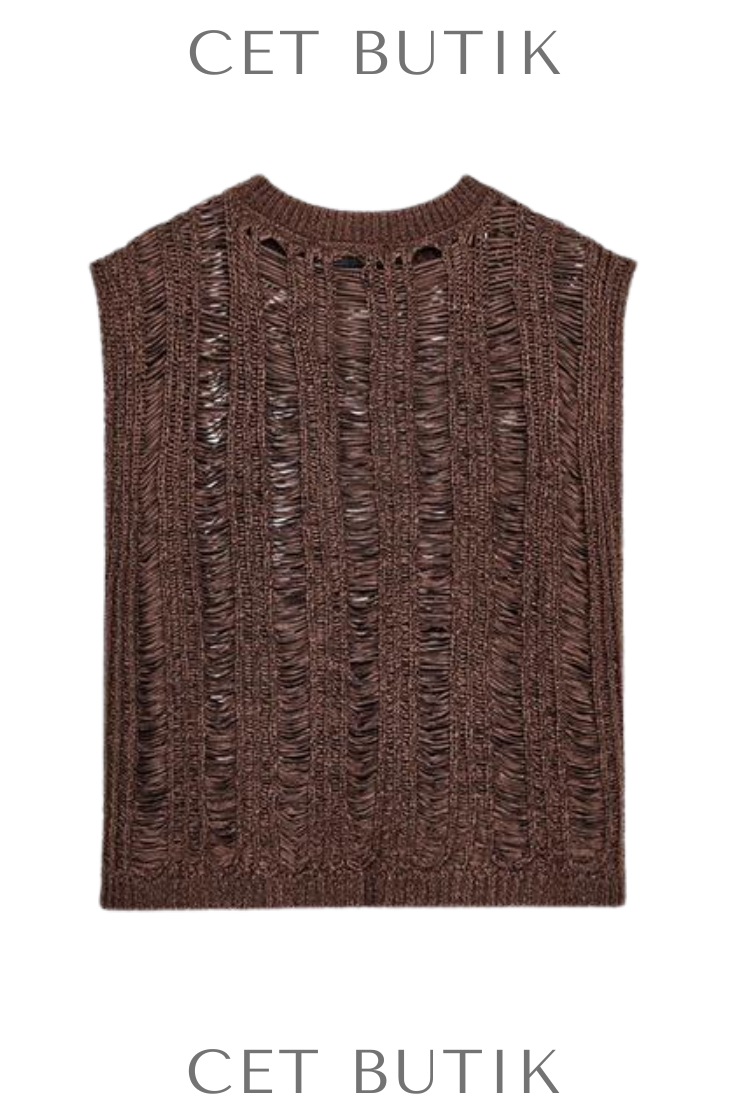 Zara Kadın Ribbed Knit Top Kahverengi Kolsuz Triko Üst