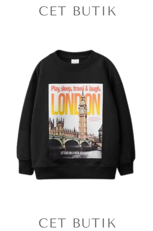 Zara London City Sweatshirt 9006/652/800 – Siyah Baskılı Uzun Kollu Çocuk Sweat