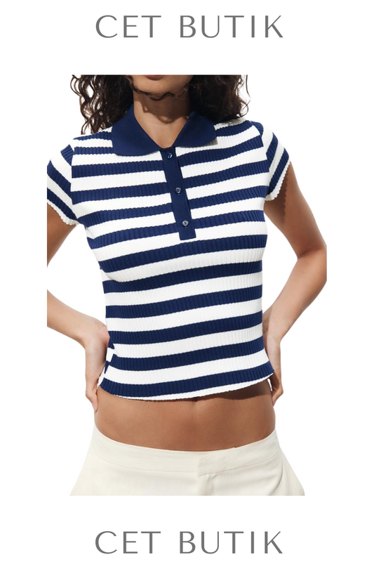Zara Kadın Striped Polo Çizgili Ribbed Kumaşlı Polo Yaka Tişört