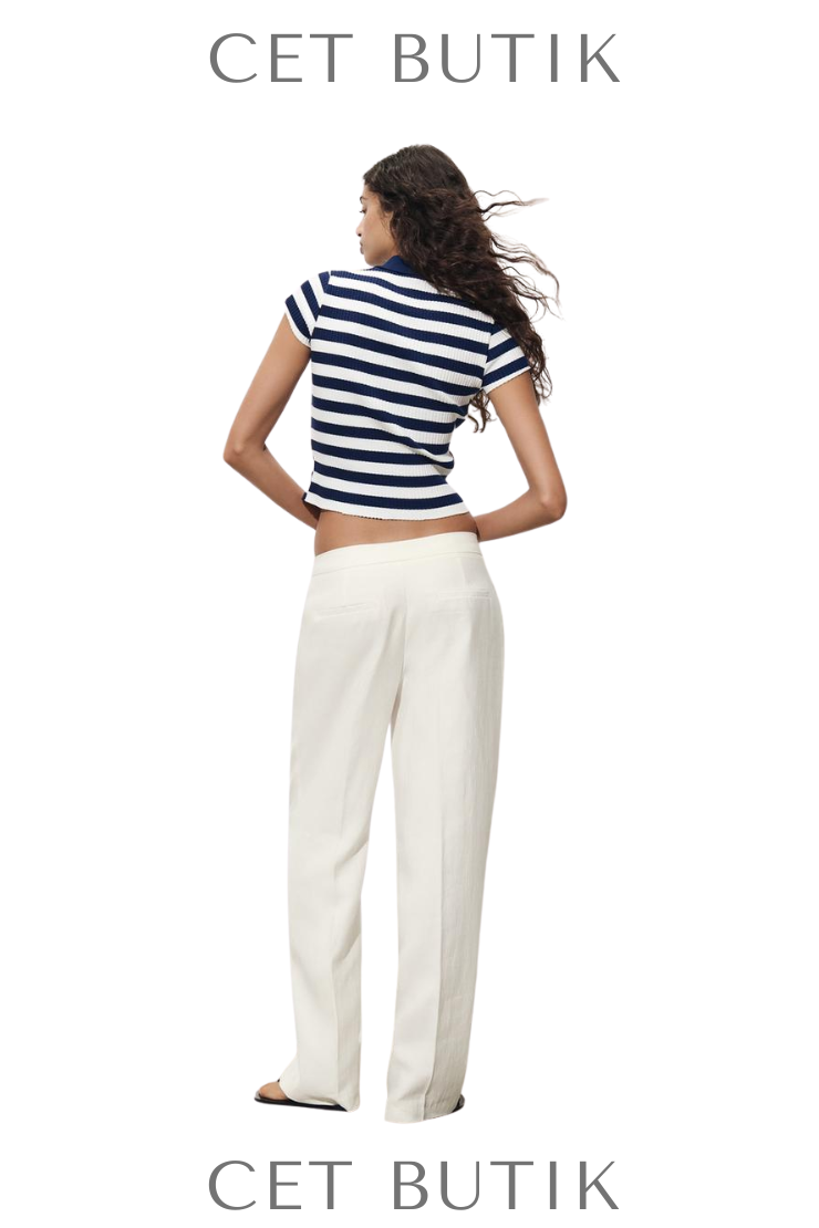 Zara Kadın Striped Polo Çizgili Ribbed Kumaşlı Polo Yaka Tişört