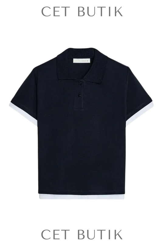 Zara Contrasting Colour Polo Top Lacivert Kontrast Detaylı Polo Yaka Tişört