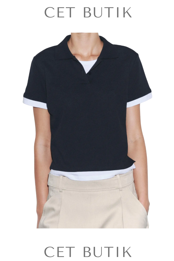 Zara Contrasting Colour Polo Top Lacivert Kontrast Detaylı Polo Yaka Tişört