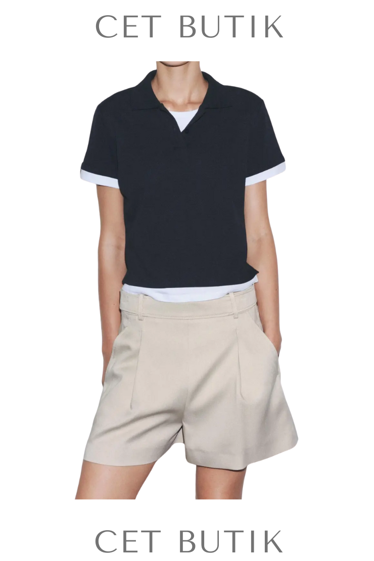 Zara Contrasting Colour Polo Top Lacivert Kontrast Detaylı Polo Yaka Tişört