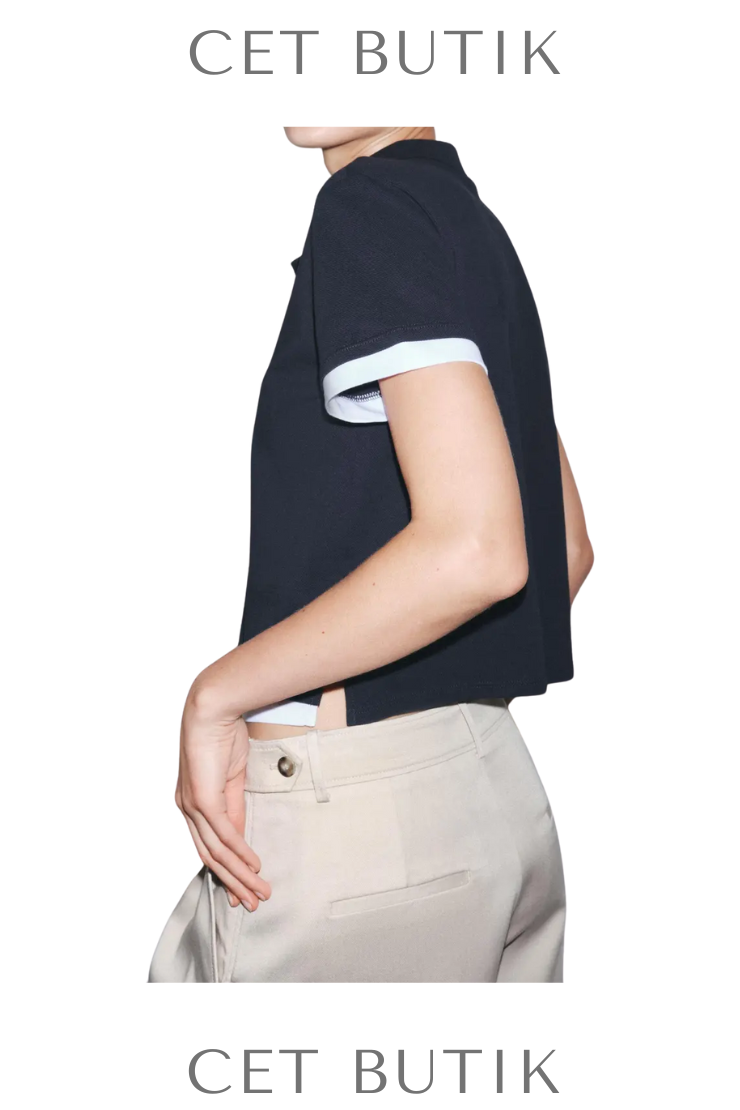 Zara Contrasting Colour Polo Top Lacivert Kontrast Detaylı Polo Yaka Tişört