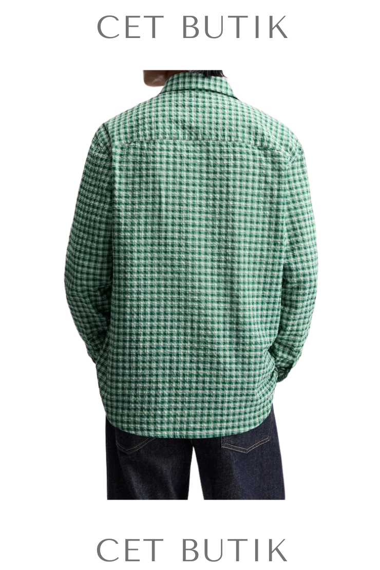 Zara Textured Check Shirt Green/Ecru Kare Desenli Rahat Kesim Gömlek