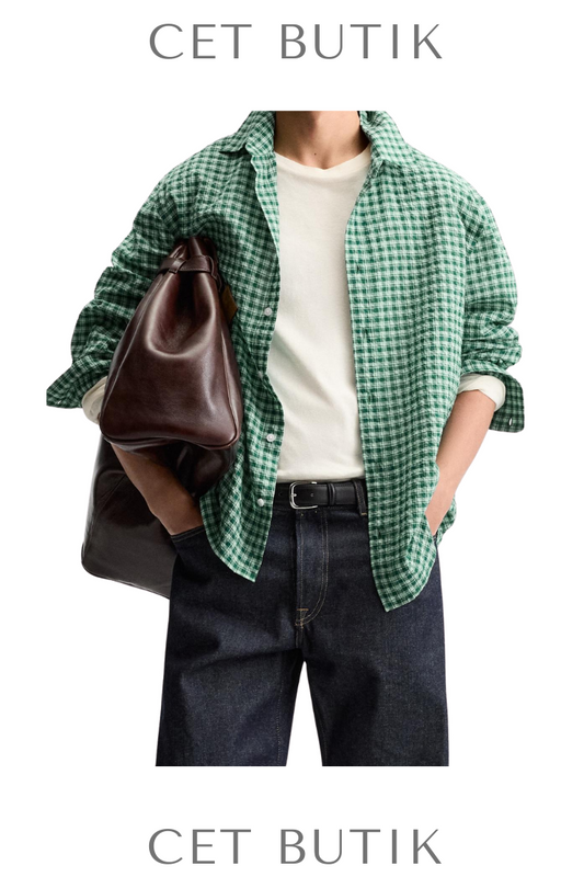 Zara Textured Check Shirt Green/Ecru Kare Desenli Rahat Kesim Gömlek