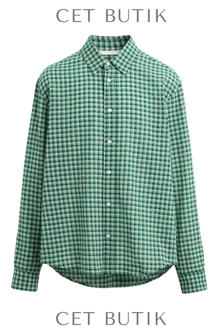 Zara Textured Check Shirt Green/Ecru Kare Desenli Rahat Kesim Gömlek