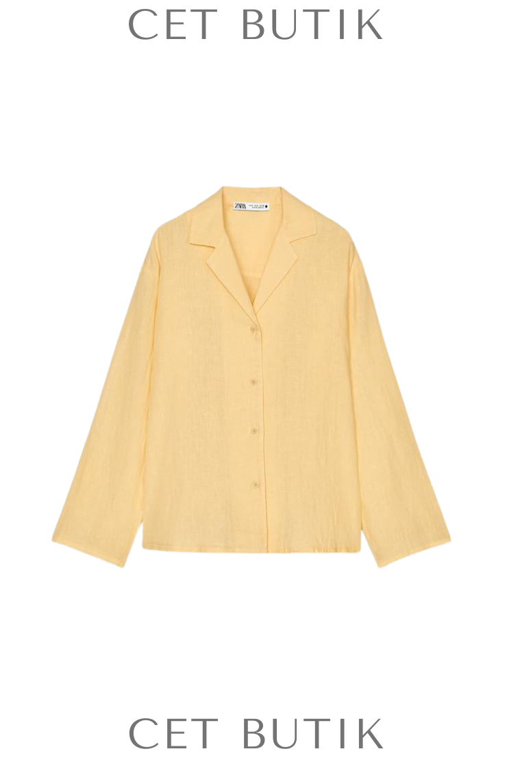 Zara ZW Collection 100% Linen Shirt  Pastel Sarı Uzun Kollu Keten Gömlek