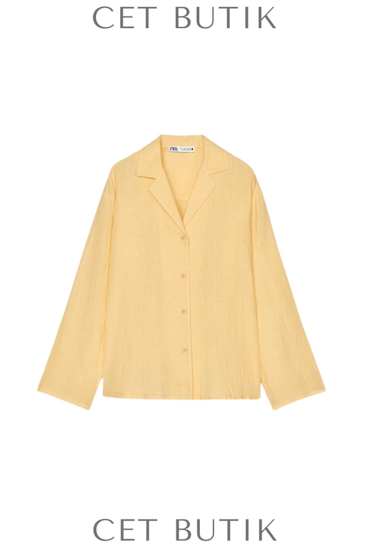Zara ZW Collection 100% Linen Shirt  Pastel Sarı Uzun Kollu Keten Gömlek