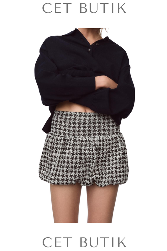 Zara Balloon Skirt Houndstooth Desenli Siyah Beyaz Mini Etek