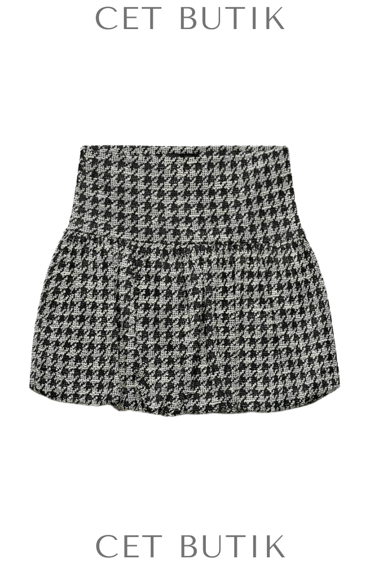 Zara Balloon Skirt Houndstooth Desenli Siyah Beyaz Mini Etek
