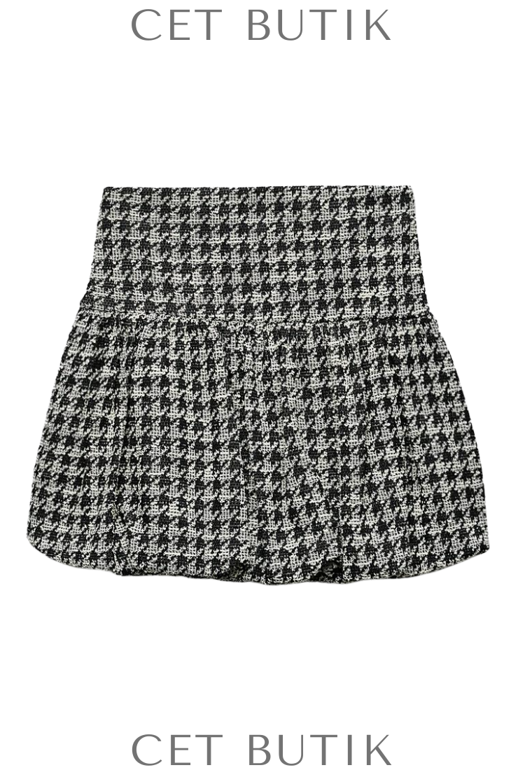 Zara Balloon Skirt Houndstooth Desenli Siyah Beyaz Mini Etek
