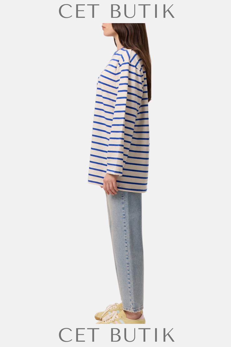 Mavi Çizgili Oversize Uzun Kollu T-Shirt