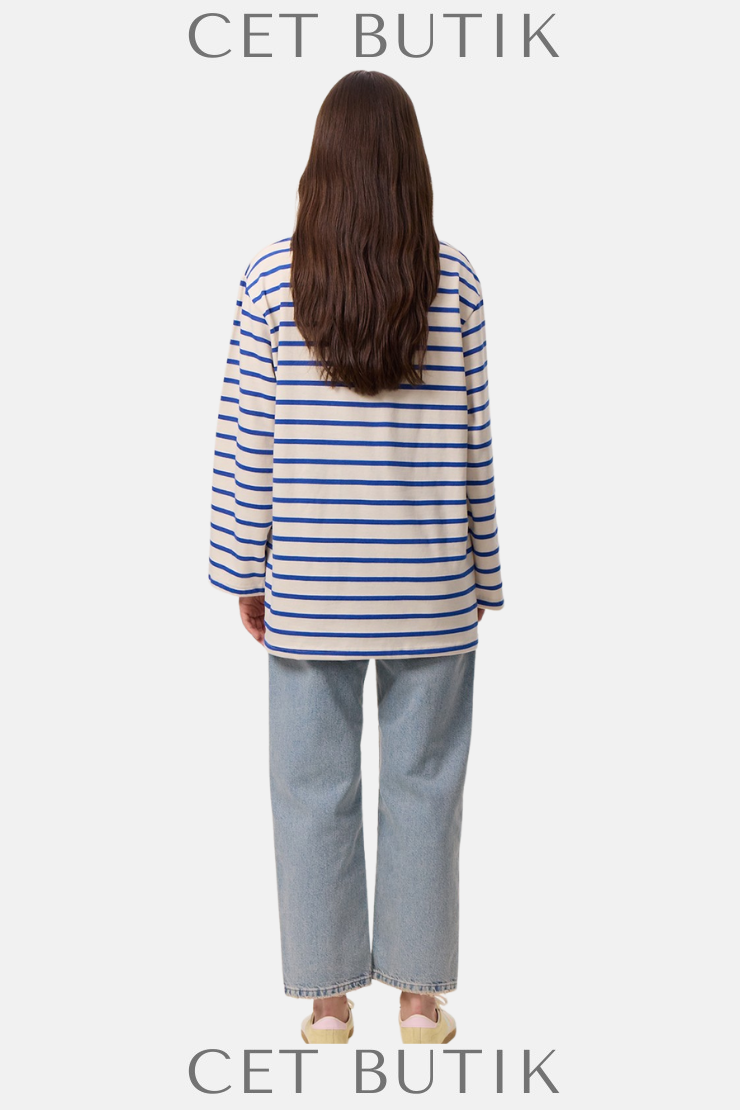 Mavi Çizgili Oversize Uzun Kollu T-Shirt