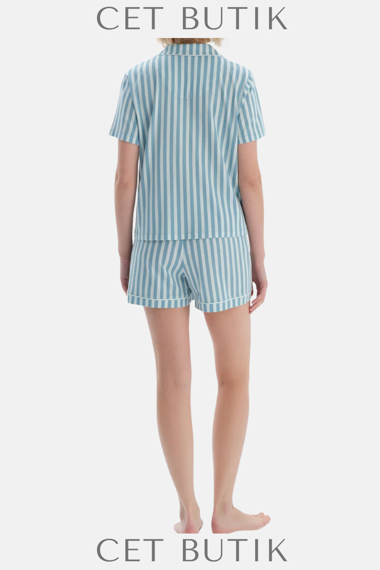Dagi Ada Çayı Çizgili Nakışlı Pamuk Modal Gömlek & Şort Pijama Takımı