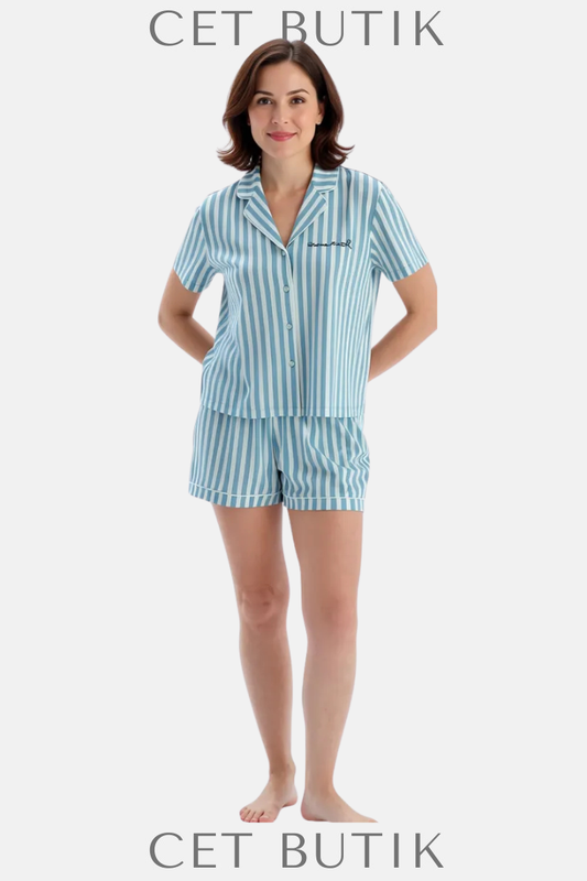 Dagi Ada Çayı Çizgili Nakışlı Pamuk Modal Gömlek & Şort Pijama Takımı