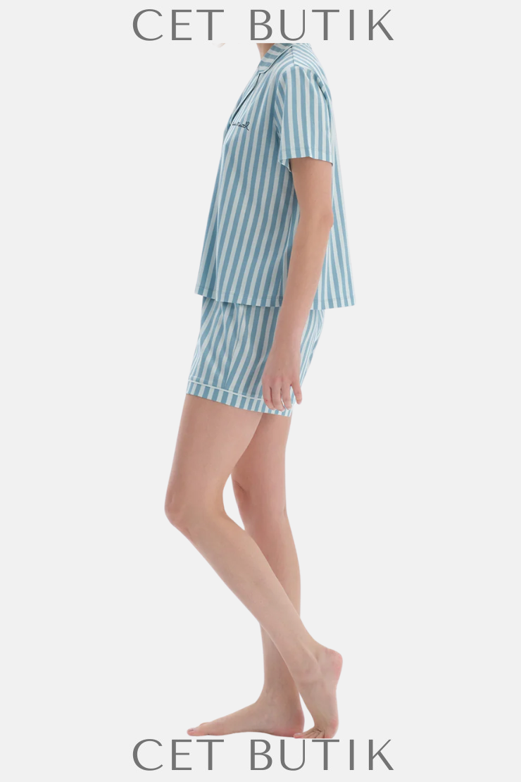 Dagi Ada Çayı Çizgili Nakışlı Pamuk Modal Gömlek & Şort Pijama Takımı
