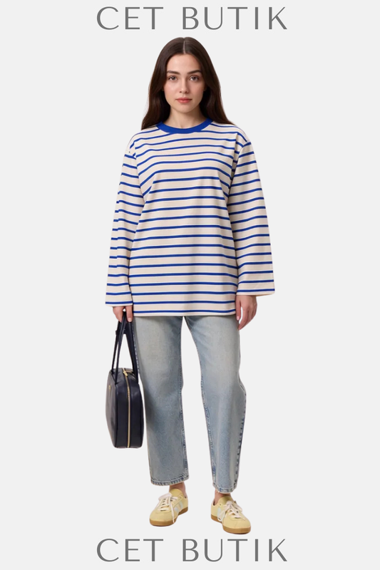 Mavi Çizgili Oversize Uzun Kollu T-Shirt