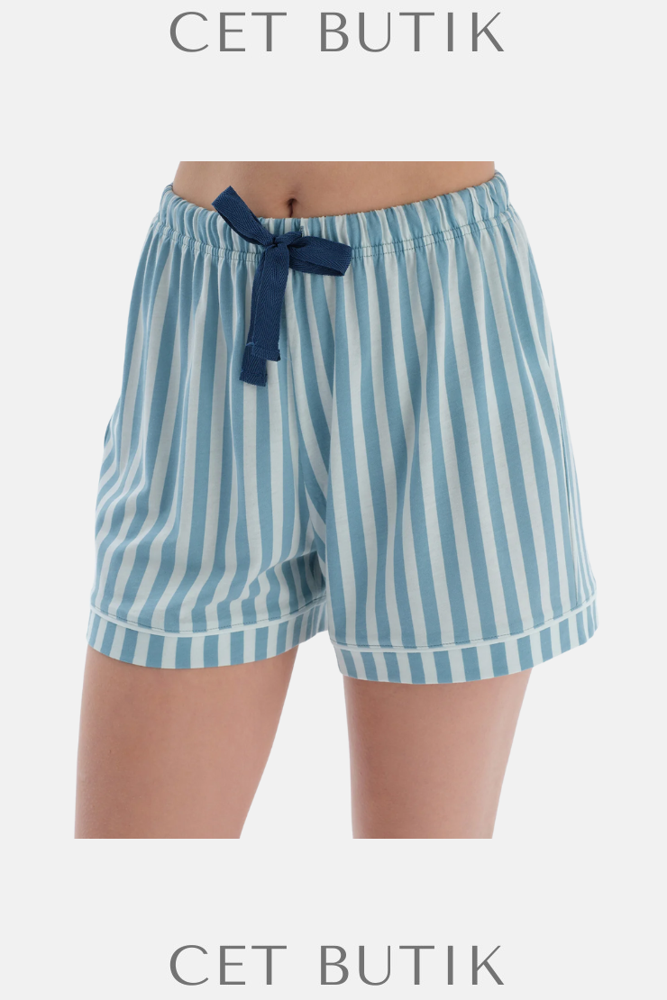Dagi Ada Çayı Çizgili Nakışlı Pamuk Modal Gömlek & Şort Pijama Takımı
