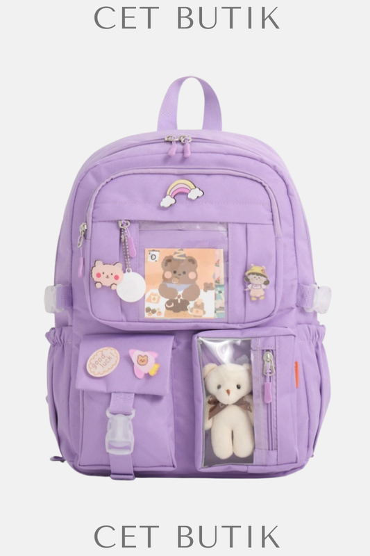 Roxbros Kawaii Kore Tarzı Lila Aksesuarlı Sırt Okul Çantası – Unisex Çocuk
