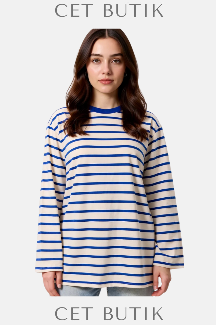 Mavi Çizgili Oversize Uzun Kollu T-Shirt