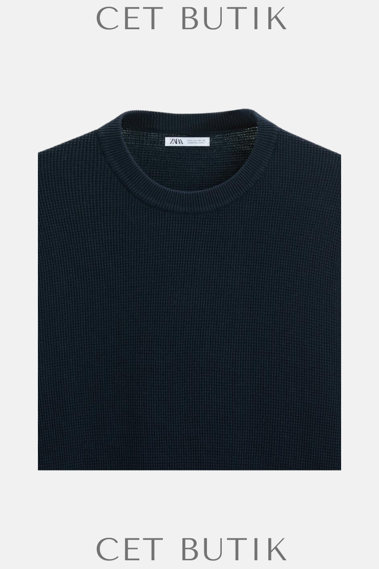 Zara Lacivert %100 Pamuk Basic Triko Kazak – Ribana Detaylı